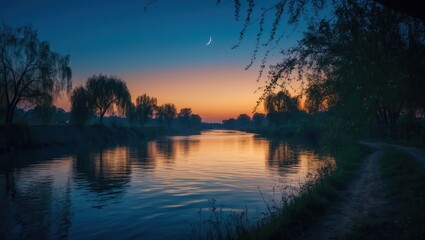 Fototapeta premium Serene River Flowing Under a Dusk Sky with Trees Silhouetted