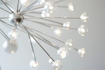 Obraz premium Close-up of a modern chandelier with silver arms and glass globe lights, casting a soft, diffused glow against a gray background.