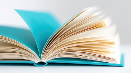 Fototapeta premium A blue-covered book is open with its pages fanned out, captured in a bright and minimal setting.