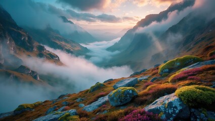 Fog Shrouded Mountain Valley View with Colorful Foreground Rocks