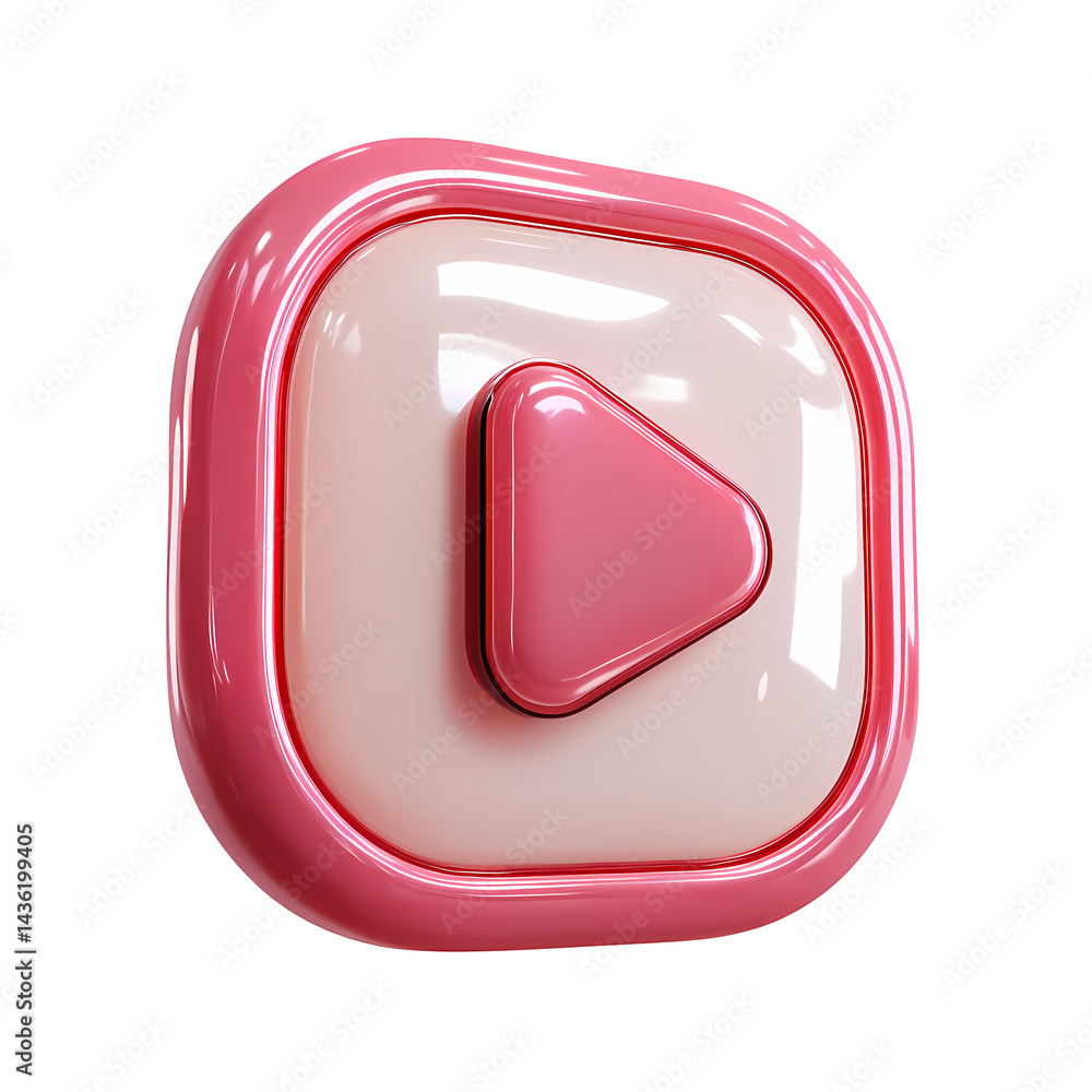 Poster glossy pink play button icon 3d render square shape media player