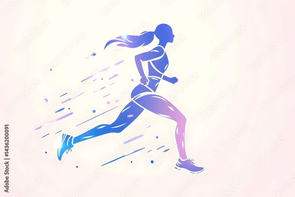 Poster a dynamic silhouette of a female runner in motion, depicted with a gradient color scheme and speed l