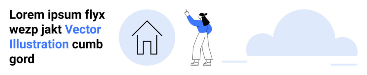 Woman gesturing at a house icon encased in a circular outline with a light cloud in the backdrop. Ideal for housing, real estate, journey, navigation, guidance, simplicity, and simple landing page