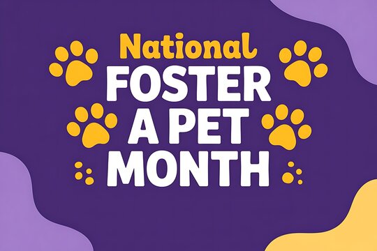 Celebrate National Foster a Pet Month Give a loving home purple yellow design with paw prints