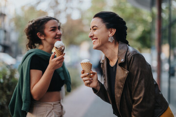 Two happy women smiling and laughing while sharing a joyful moment eating ice cream. They are bonding and enjoying the warm ambiance of the outdoors with happiness on their faces.