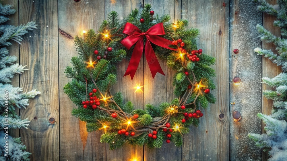 Poster festive evergreen wreath with illuminated lights and red bow on rustic wooden background