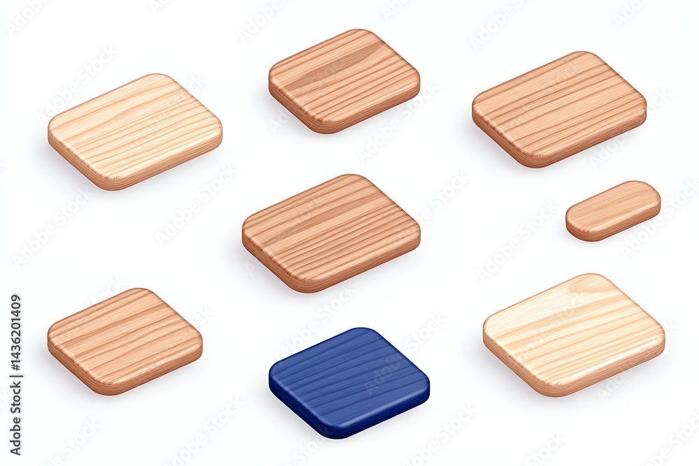 Poster isometric view of various rectangular and oblong wooden and blue textured blocks, possibly for digit