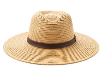 Straw hat with leather band isolated on white background