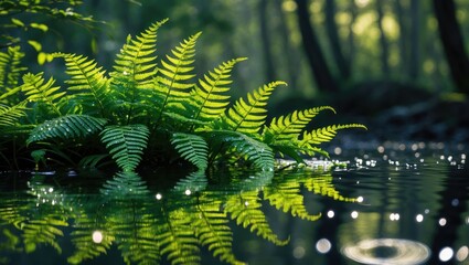 Fern Growing by Water Reflecting Forest Light Creating a Natural Scene
