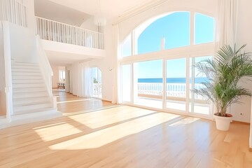 Fototapeta premium Sunlit, spacious living room with ocean view, hardwood floors, white staircase, and balcony access