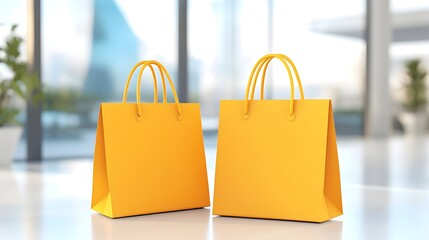 Two vibrant yellow shopping bags sit on a bright, modern surface against a blurred city backdrop