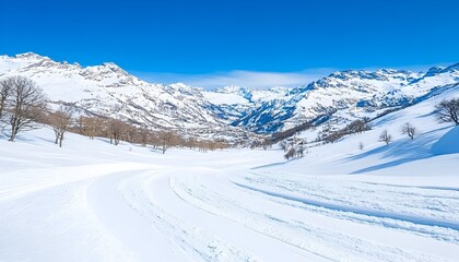 Sunlit snow-covered valley nestled between majestic snow-capped mountains under a vibrant blue sky
