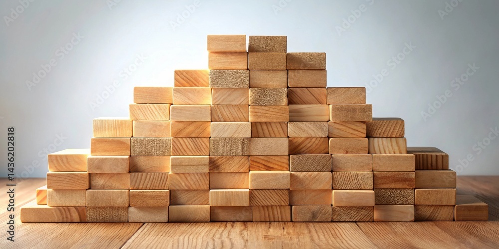 Poster wooden blocks arranged in ascending order representing growth and progress on a wooden surface