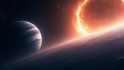 Obraz premium A cinematic and surreal scene of two majestic planets rising over a cloud-filled horizon, with a vibrant sunset glowing in the distance, generate AI
