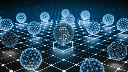 Bitcoin's Digital Network: A futuristic visualization showcasing a Bitcoin symbol at the center of interconnected, luminous spheres within a digital network.