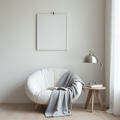 Modern minimalism: reading nook with a white bubble chair, grey plaid, metallic lamp, focus on clean lines, neutral color palette.