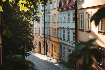 Naklejka premium Charming European alleyway lined with colorful historic buildings. Sunlight streams down a cobblestone street