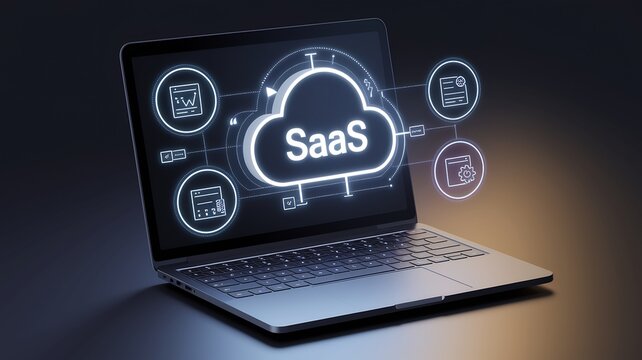 SaaS in Action: A dynamic visualization of SaaS concept, seamlessly displayed on a sleek laptop screen with a network of interconnected icons suggesting data flow.  - Powered by Adobe