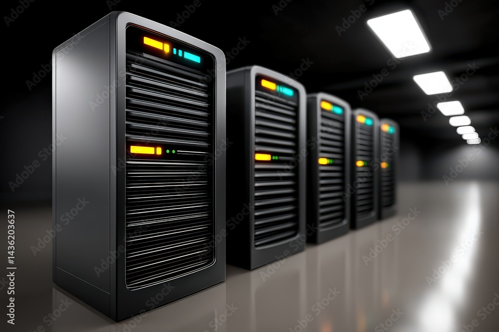 Poster wide shot of stacked black server units illuminated with blue light in high security environment sho