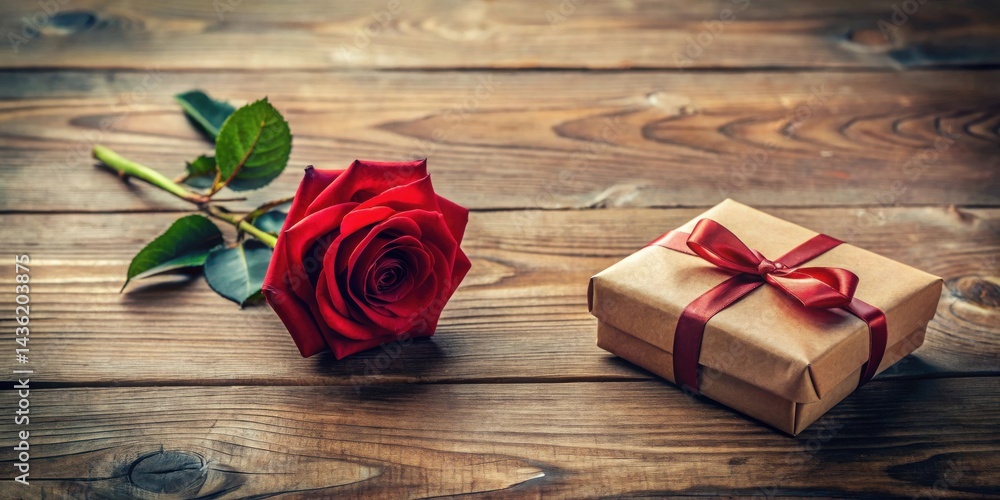 Poster A single red rose and a gift box with a crimson ribbon rest on a rustic wooden surface, a perfect image for expressing romantic sentiments.