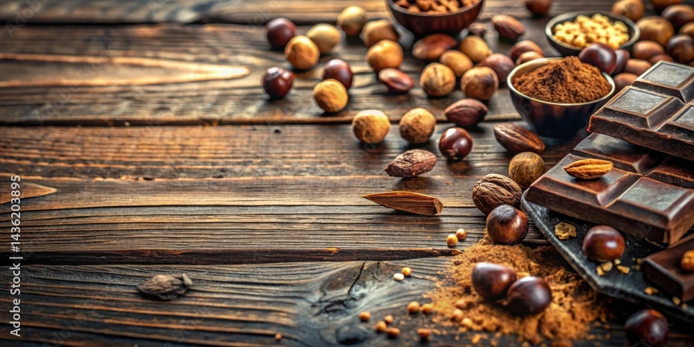 Poster aromatic dark chocolate with assorted nuts and cocoa powder on rustic wooden surface