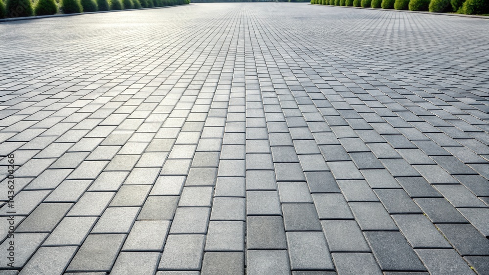 Poster a sunlit perspective of a newly installed gray rectangular paving stone walkway with low shrubs on e