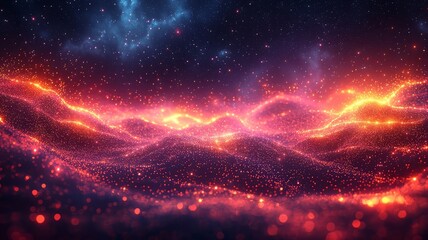 Obraz premium Vibrant cosmic landscape with glowing waves of energy and sparkling particles, evoking a sense of wonder and exploration in a digital universe.