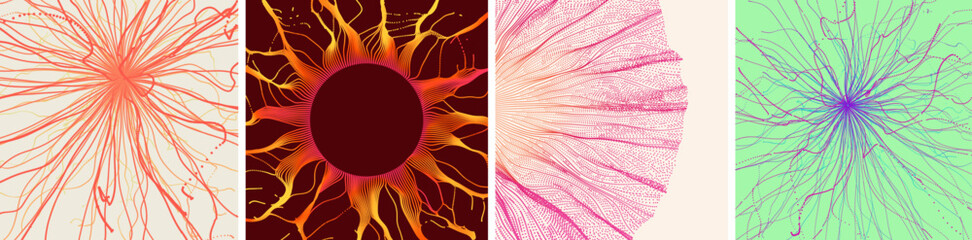 Point explode. Array with dynamic emitted particles. 3d technology style. Space vortex. Hole made from particles. Circular grid pattern. Cover design template. 3d vector for brochure, flyer or banner.