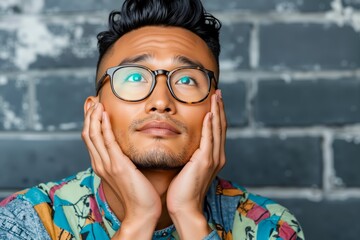 A man with a surprised look on his face with his hands on his temples