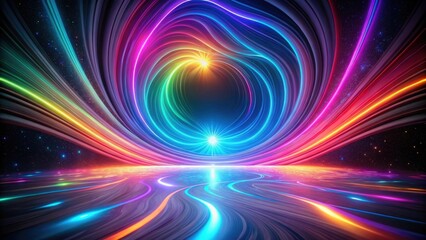 Obraz premium Vibrant cosmic swirl with radiant energy streams and luminous trails illuminating a reflective surface