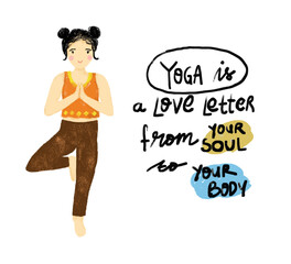 Cute woman female girl doing tree pose yoga doodle crayon watercolour hand drawn illustration pastel orange bohemian shirt colorful colors clipart sticker wellness meditation healthy lifestyle quotes