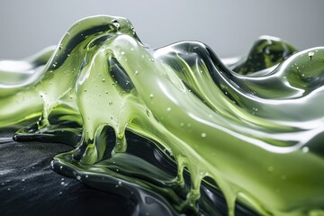 Translucent green gel or slime flows across a dark surface, showcasing a dynamic and viscous texture with trapped bubbles.