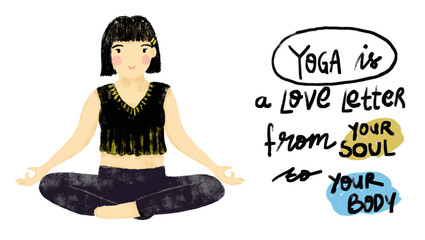 Cute woman female girl doing lotus pose yoga doodle crayon watercolour hand drawn illustration pastel black bohemian shirt colorful colors clipart sticker wellness meditation healthy lifestyle quotes