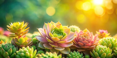 Fototapeta premium Vibrant succulent plants bathed in warm sunlight, showcasing a diverse array of colors and textures in a captivating close-up view.