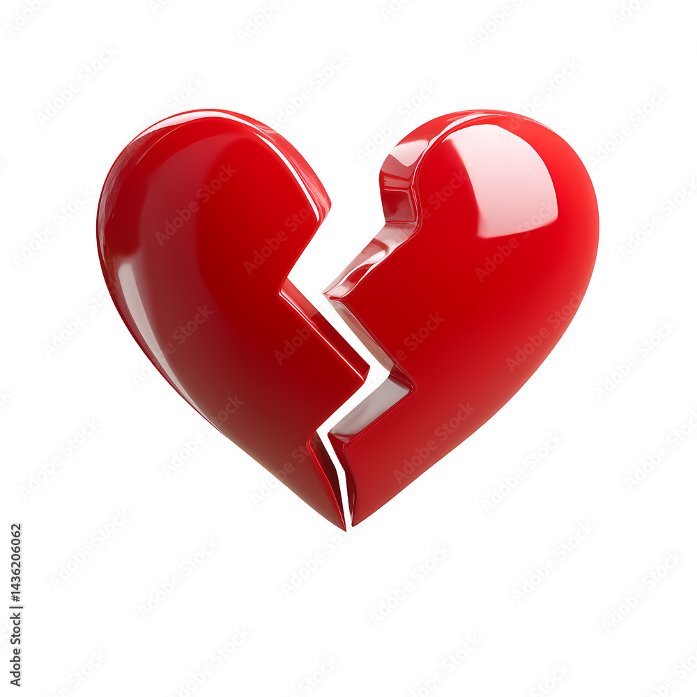 Poster glossy red broken heart 3d render isolated on transparent background
