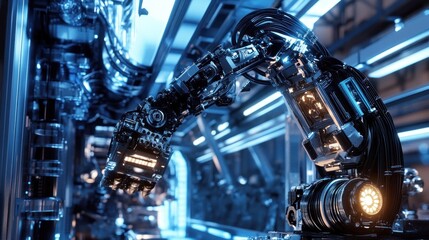 High-tech robotic arm in a modern manufacturing facility.  Complex machinery and intricate details highlight the precision and automation