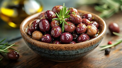 Obraz premium close-up shot of a bowl filled with marinated olives and fresh sprigs of rosemary.