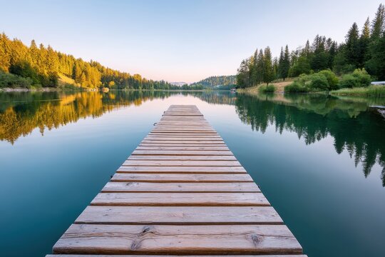 Serene wooden dock extending into calm lake surrounded by lush green trees reflecting in water creating a peaceful nature scene healthy living concept