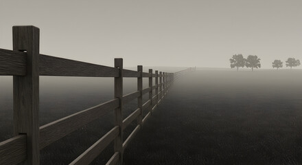 Eerie Serenity Wooden Fence Leading Into Misty Field With Bare Trees