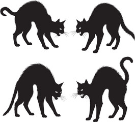 black cat silhouettes in aggressive and startled postures with arched backs hissing  