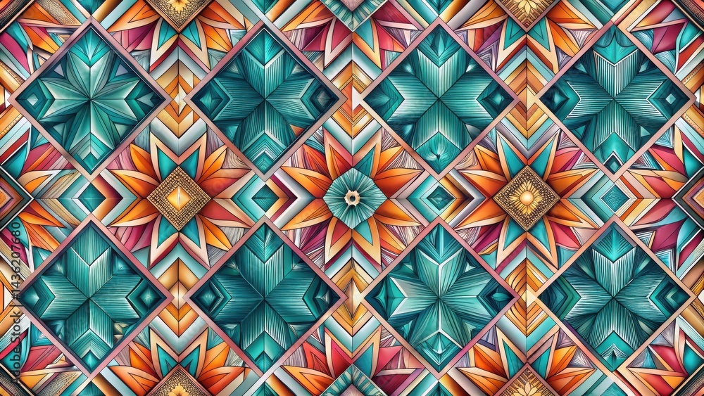 Poster intricate geometric design featuring vibrant teal, orange, and pink hues in a repeating pattern of i