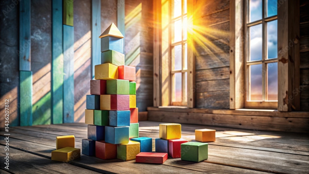 Aufkleber a colorful wooden block tower structure in a rustic room with a sunny window