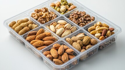 A clear plastic box containing assorted nuts and snacks.