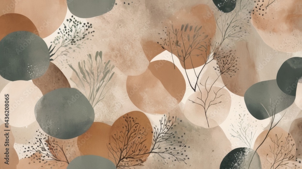 Poster a minimalist abstract design featuring soft, overlapping geometric shapes in earthy tones, creating 