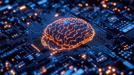 Glowing brain on circuit board; AI, neural network, technology, digital, future, intelligence, innovation concept.