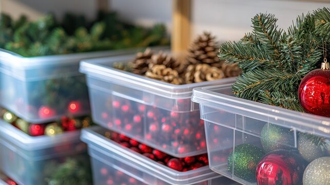 A clear plastic storage bin labeled for organizing holiday decorations.