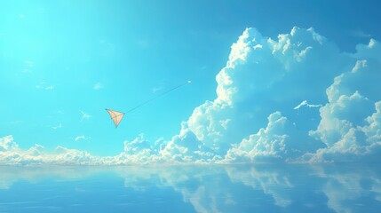 Vibrant Orange Kite Soaring High in Blue Sky Over Lush Green Field - Summer Day Recreation and Freedom