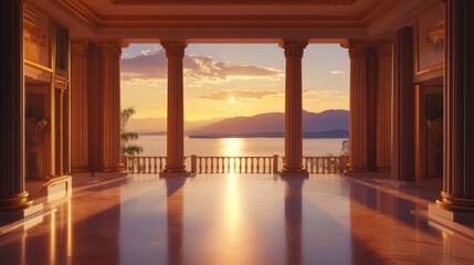 Grand colonnaded veranda at sunset overlooking a lake