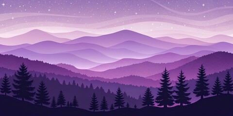 Obraz premium Purple Mountain Range at Night Illustration, Layered Landscape, Starry Sky, Silhouette Trees, Gradient Colors. Mountain range, art