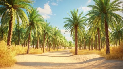Sun-drenched palm grove pathway.  Desert oasis